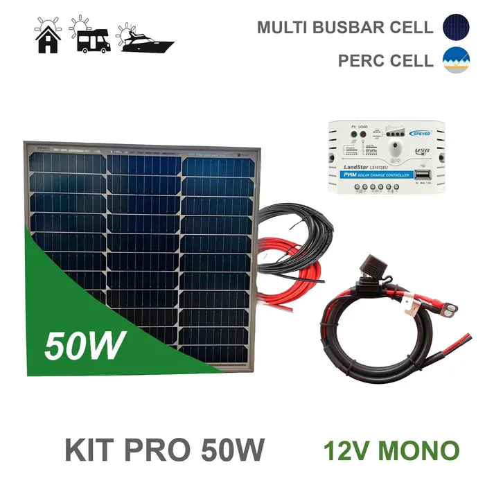 Kit Solar 50W 12V Viasolar para Camper, Autocaravana y Barco — panel monocristalino PERC con regulador 10A y cableado incluido