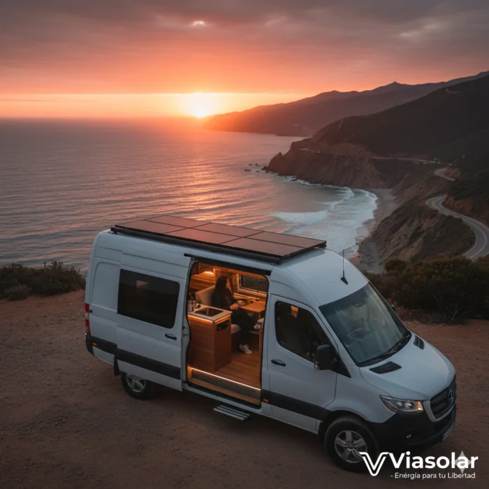 Kit solar camper 200W instalado en furgoneta gran volumen con soportes ABS