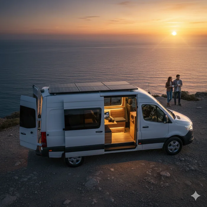 Furgoneta camper gran volumen con panel solar 250W BC Cells de alta eficiencia en un acantilado al atardecer