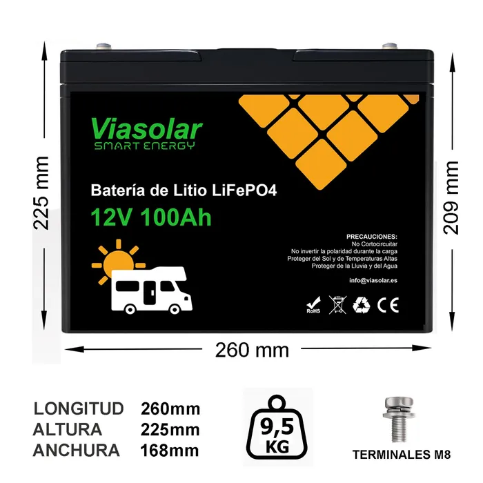 Medidas batería de Litio 100Ah 12V Viasolar para Autocaravana y Camper