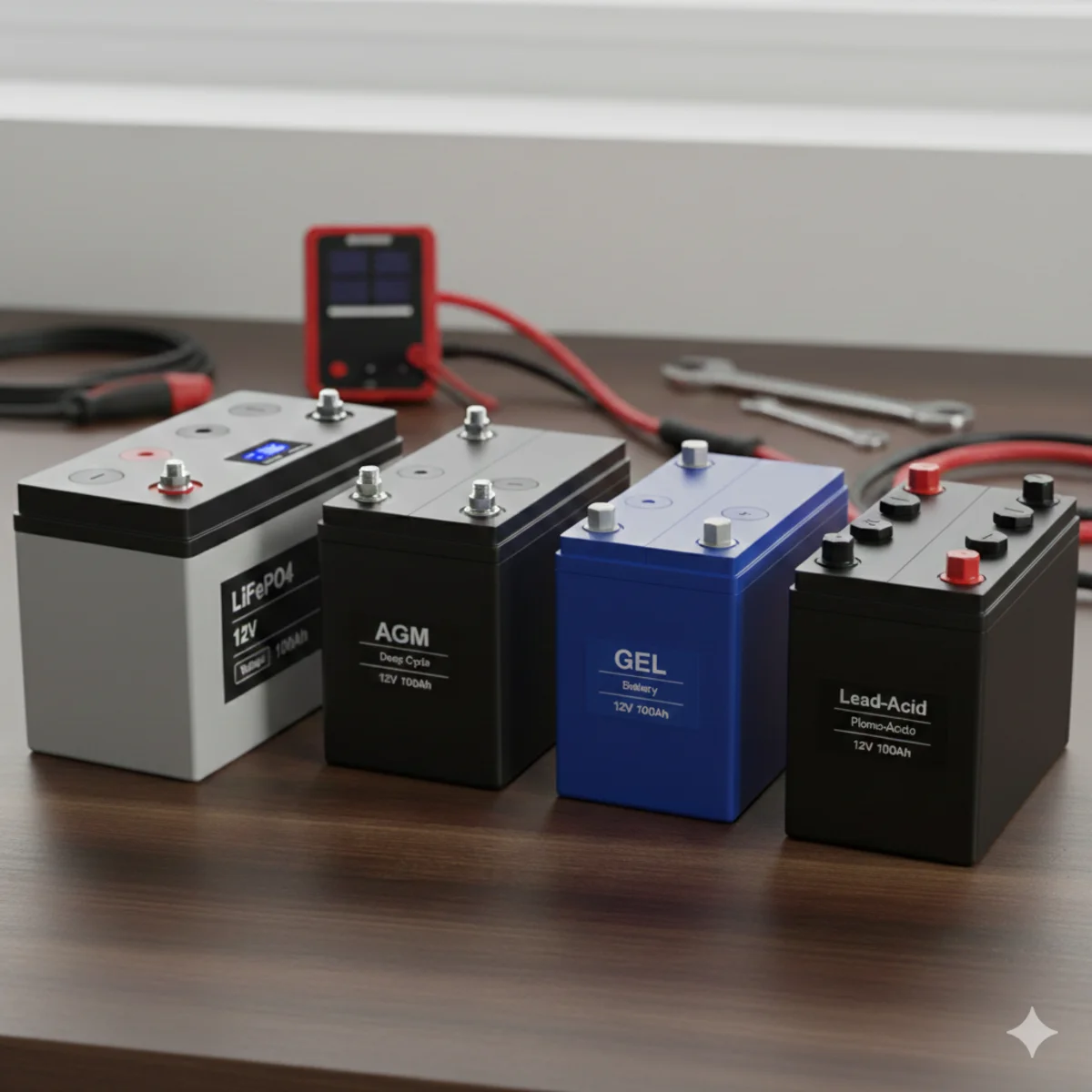 Comparativa de baterías solares de 12V: tecnologías Gel, AGM y LiFePO4.