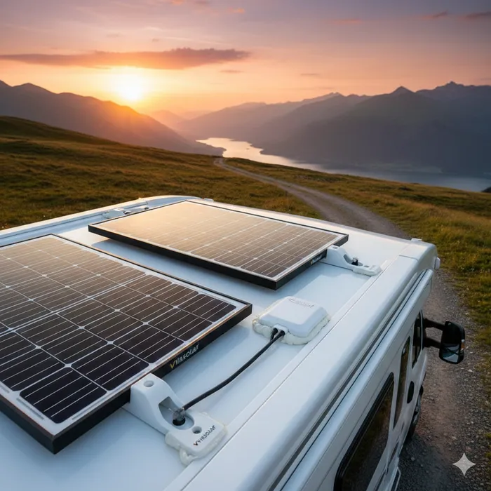 Kit Solar 2x100W 12V Viasolar doble panel monocristalino PERC modelo VRM-100-33-P para furgoneta camper con claraboya y sombras parciales